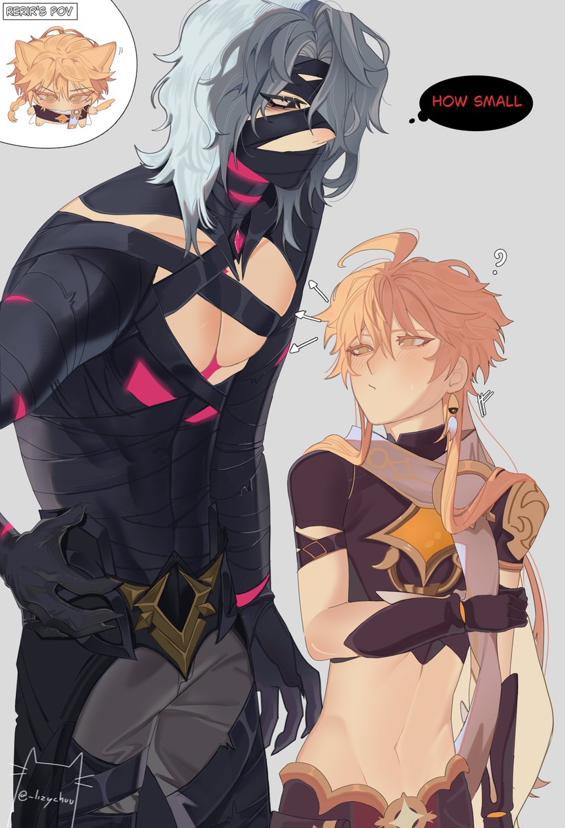 _lizychuu's tweet image. so big I had to downsize him (my contribution to halloween (｡•̀ᴗ-)✧ we love a good size difference)  #Aether #Rerir #GenshinImpact