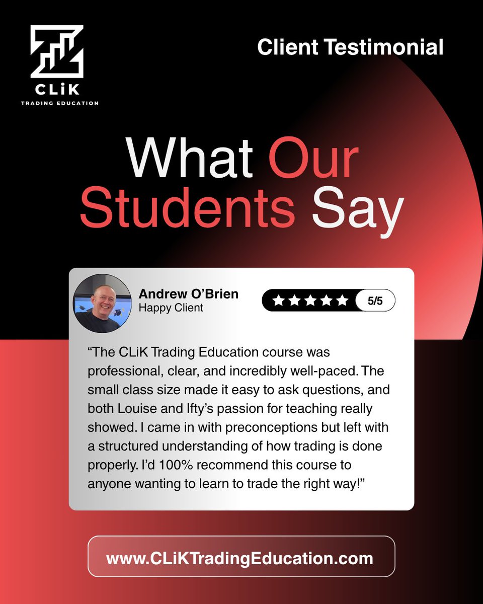 IftyKTrader's tweet image. From confusion to confidence — Andrew nailed it. Learn to trade the right way at CLiK Trading Education. 

#LearnToTrade #Forex #TradingCommunity #CLiKTradingEducation