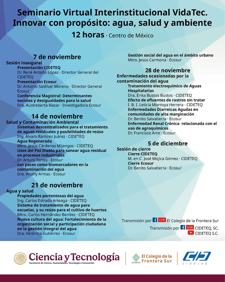 CIDETEQ's tweet image. CIDETEQ y @ecosurmx te invitan al Seminario Virtual VidaTec 2024: Innovar con propósito: agua, salud y ambiente 💧🌿

🗓️ Del 7 nov al 5 dic
⏰ 12:00 h (CDMX)
📺 Transmisión por Facebook/YouTube: CIDETEQ, S.C. y El Colegio de la Frontera Sur

#VidaTec #CIDETEQ #Ecosur