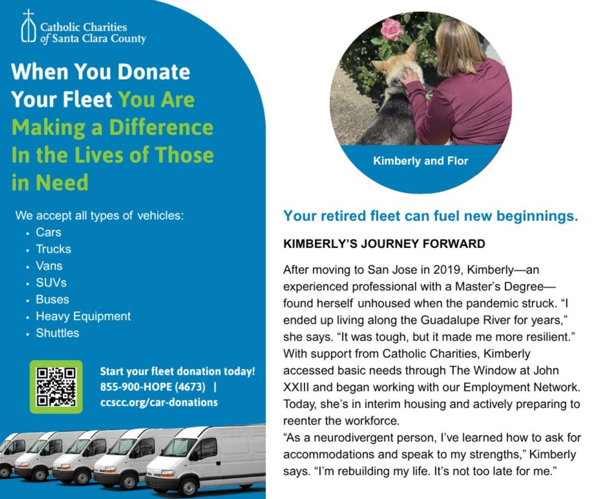 Your retired fleet donation drives real change! Kimberly, an experienced professional, overcame homelessness with support from Catholic Charities' employment programs. Now she's rebuilding her life.
Give today! 
855-900-HOPE (4673) | ccscc.org/car-donations #donateyourcar