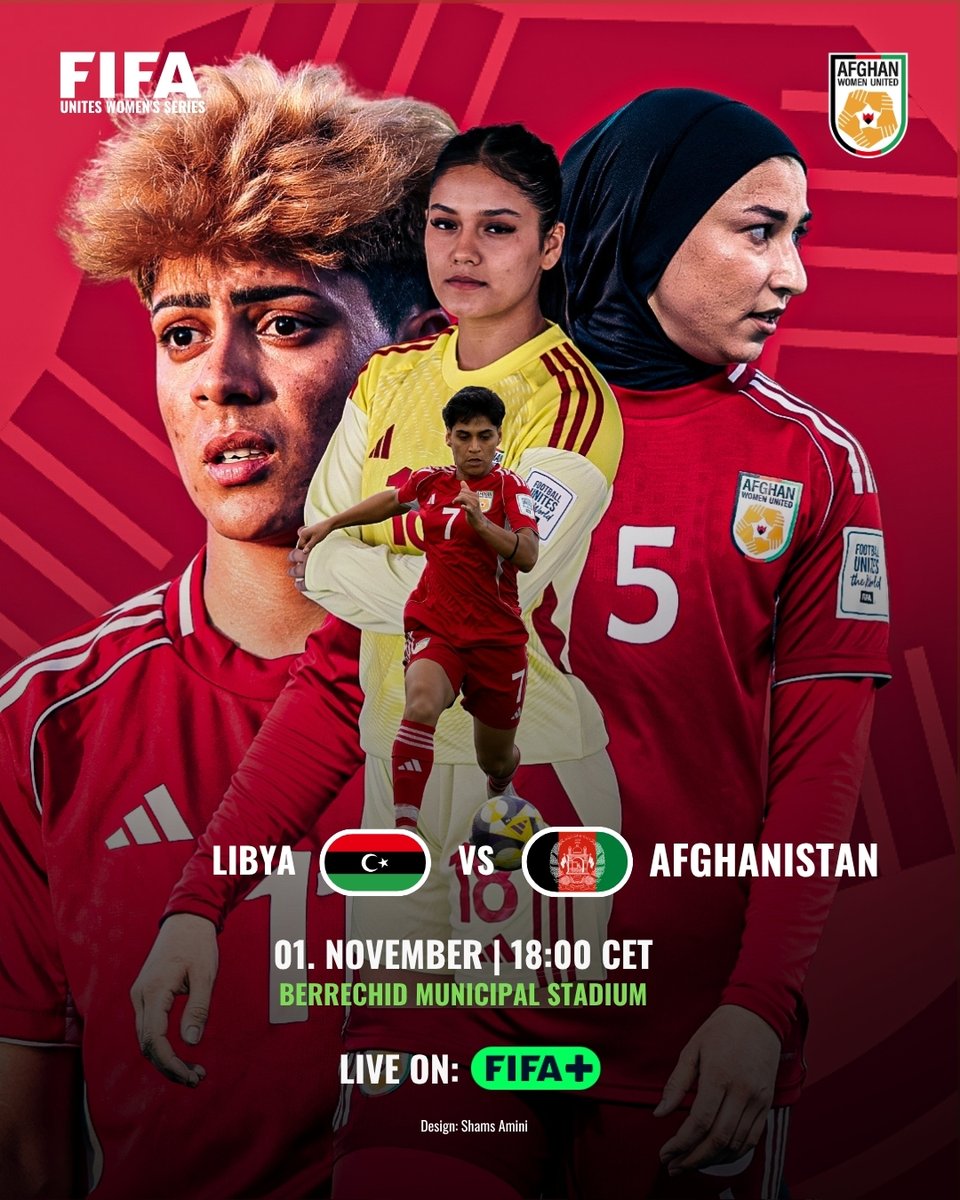 Final match ahead 🇦🇫💪
Afghanistan Women will face Libya on Saturday, November 1st at 18:00 CET in their last game of the FIFA Unites Women’s Series 2025.

Let’s go, girls! ❤️⚽️

📸:@annodong \🎨@shamsamini93

#WeBelieve #AfghanDream #SheBelieves #WomenInSport #FootballIsFreedom