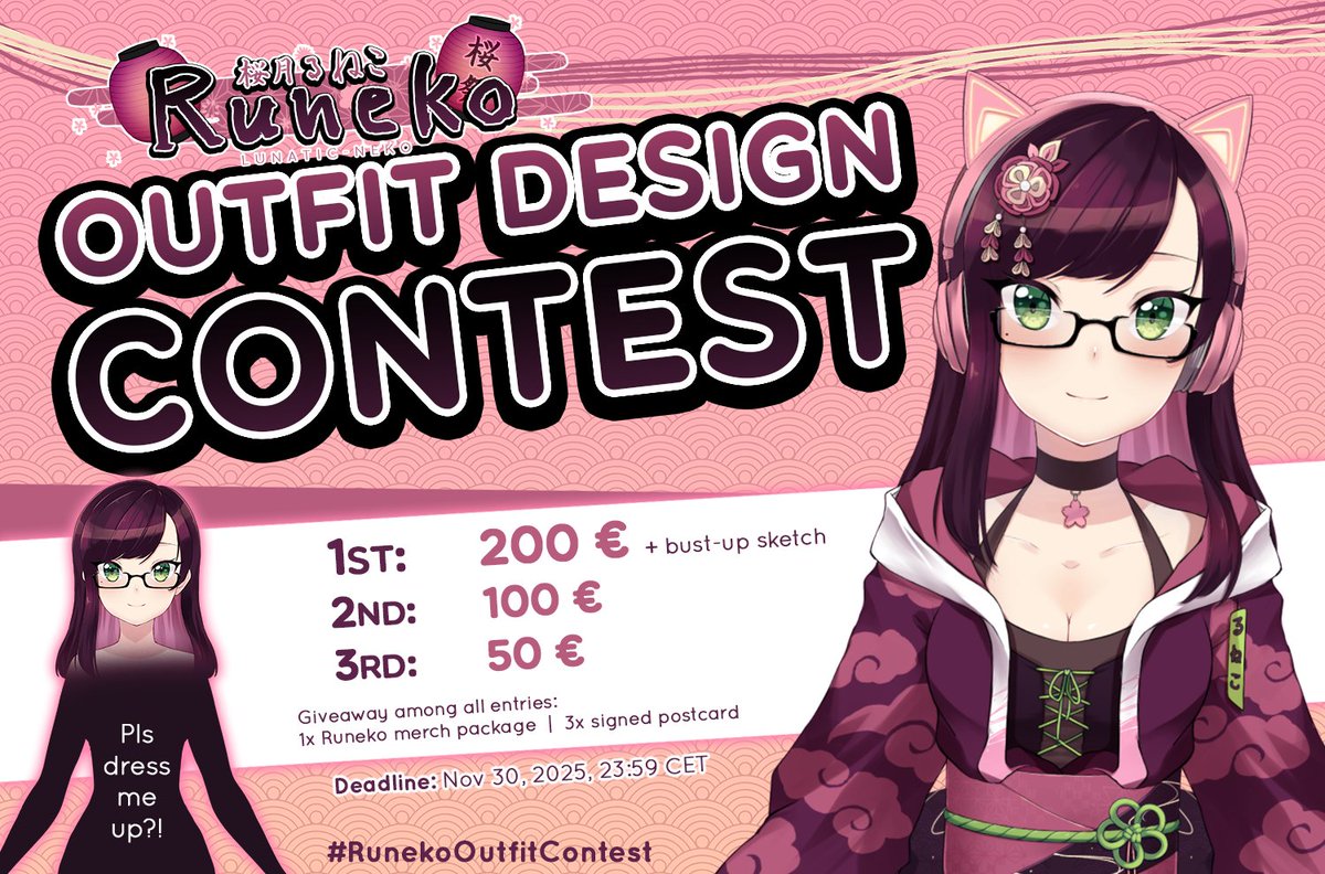 lunatic_neko's tweet photo. 🏮 RUNEKO OUTFIT DESIGN CONTEST 🏮

It's my birthday month!! 🥳
To celebrate that, I'm hosting an art contest!

Design a new outfit for Runeko and win some nice prizes!

🎨Tag: #RunekoOutfitContest

Deadline: Nov 30, 2025 (my birthday)
Infos &amp; Rules ⬇️ https://t.co/1qZ8ZbbmeI