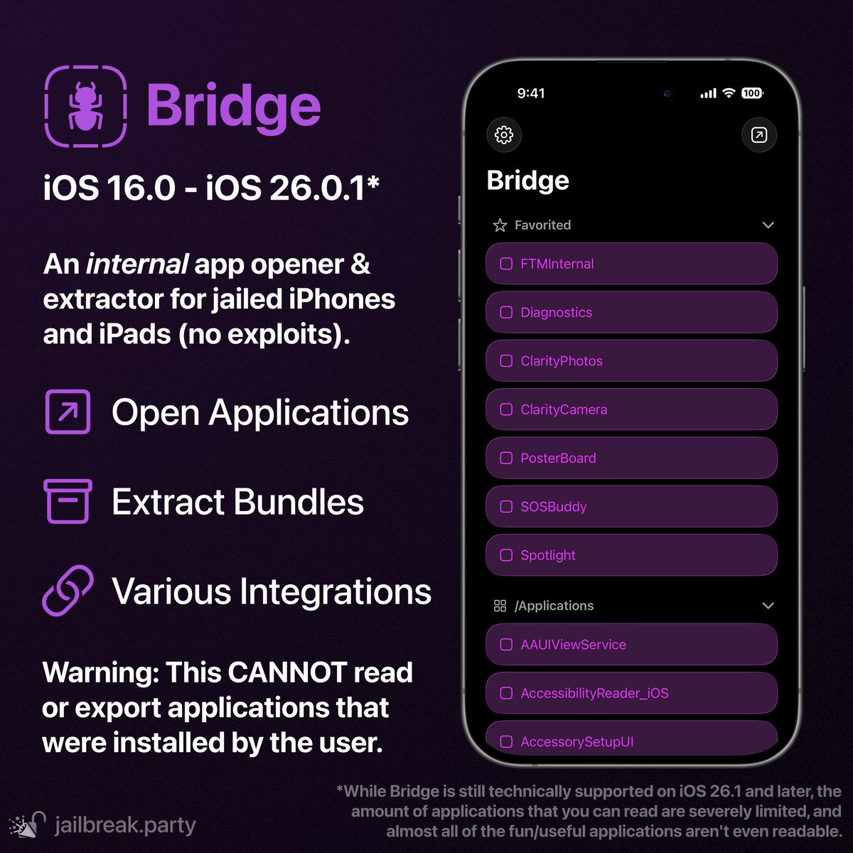 Happy Halloween! Bridge v1.0 has released!
Download: github.com/jailbreakdotpa…
Bridge is an internal app opener &amp; extractor for iOS/iPadOS 16.0 - 26.0.1, with the use of Swift, Shortcuts, and Private APIs.