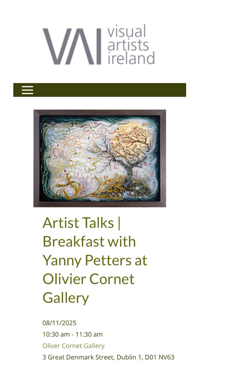 Join Yanny Petters at 10:30am, Sat 8 Nov 2025. The artist will talk about her verre églomisé painting featured in the group show Ode to Giants, part of Dublin Gallery Weekend. A free event sponsored by Parnell Street Bakery &amp; <a href="/The_CastleHotel/">TheCastleHotel</a>, Dublin.

visualartists.ie/events/artist-…