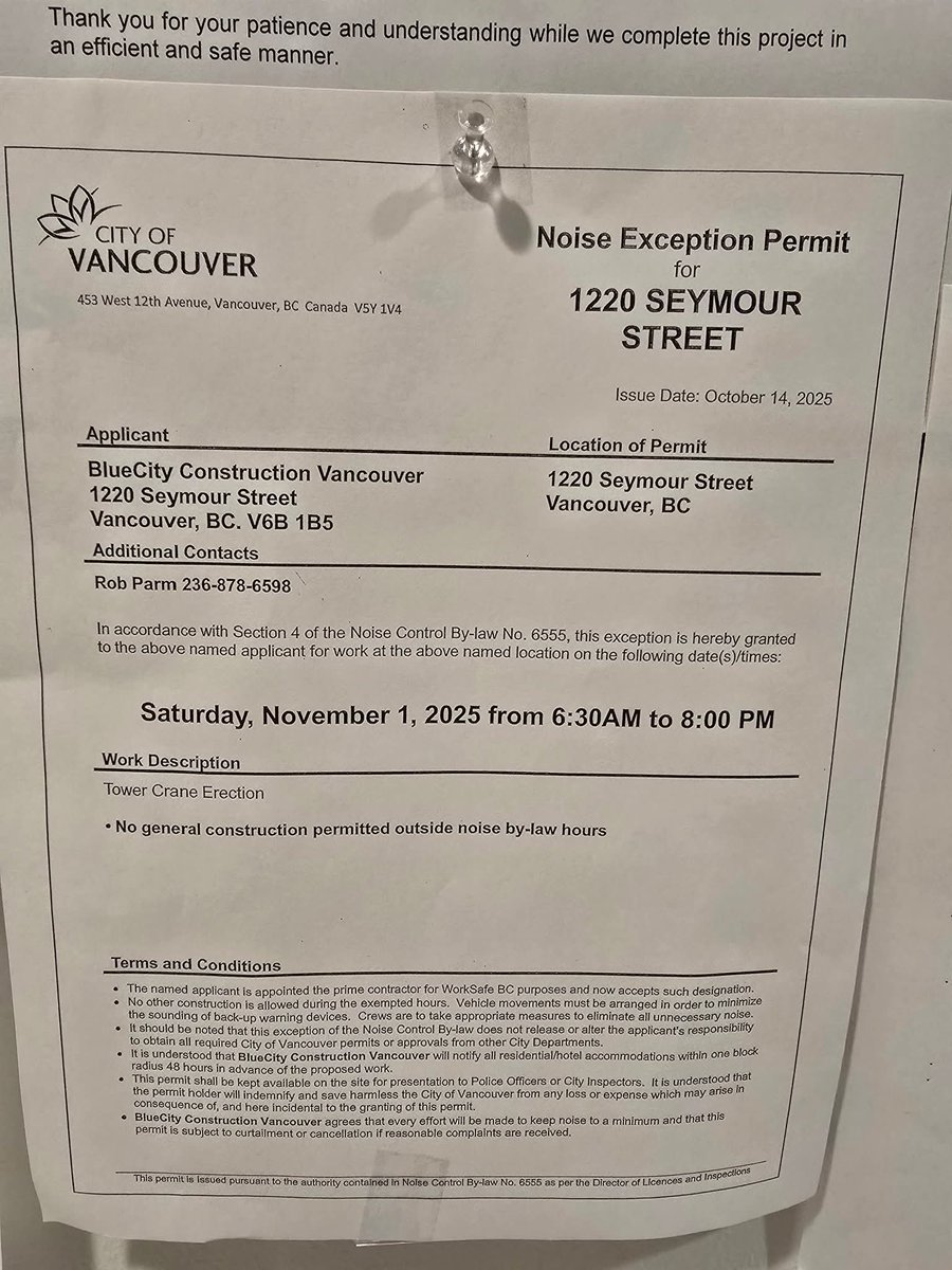 Hi City of Vancouver : granting a noise exception permit to begin at 6:30am on a Saturday the morning right after Halloween is ... ya know, not super neighbourly 🎃 😥