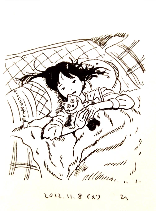 11月になってしまい、いよいよ年末を意識し始める。気温が下がり布団が暖かく感じられるのは良い。3年前の11月に娘と息子を描いた絵。みんな大好き、馬場のぼる先生の猫ぬいと一緒にお布団。