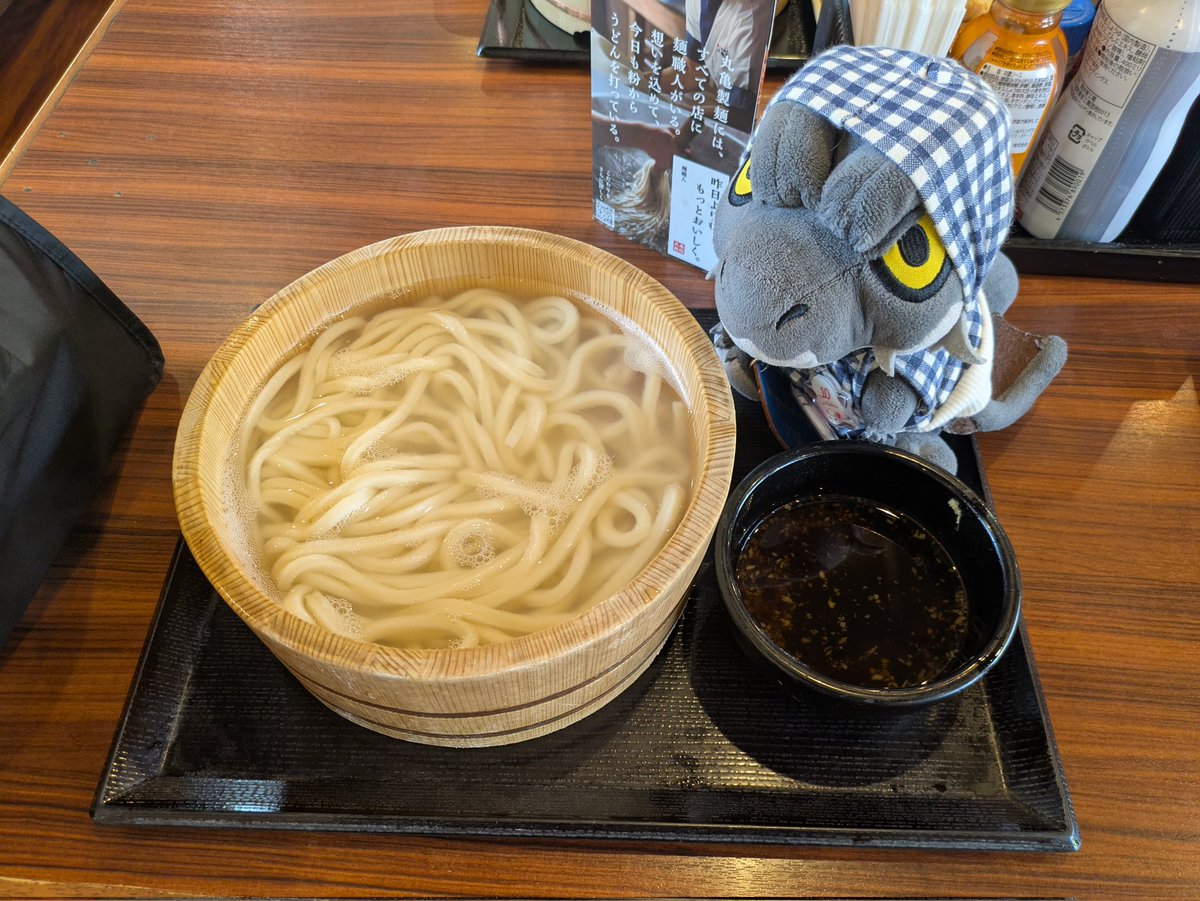 #MonsterHunter
#ミラボレアスのノクティス
#モンハン                        
 #ミラボレアス                                
 #ぬい活
#ぬいぐるみの時間
今日の昼飯は、丸亀製麺で熱々の釜揚げうどんを食べたぞ♫1日だから店内激混み…