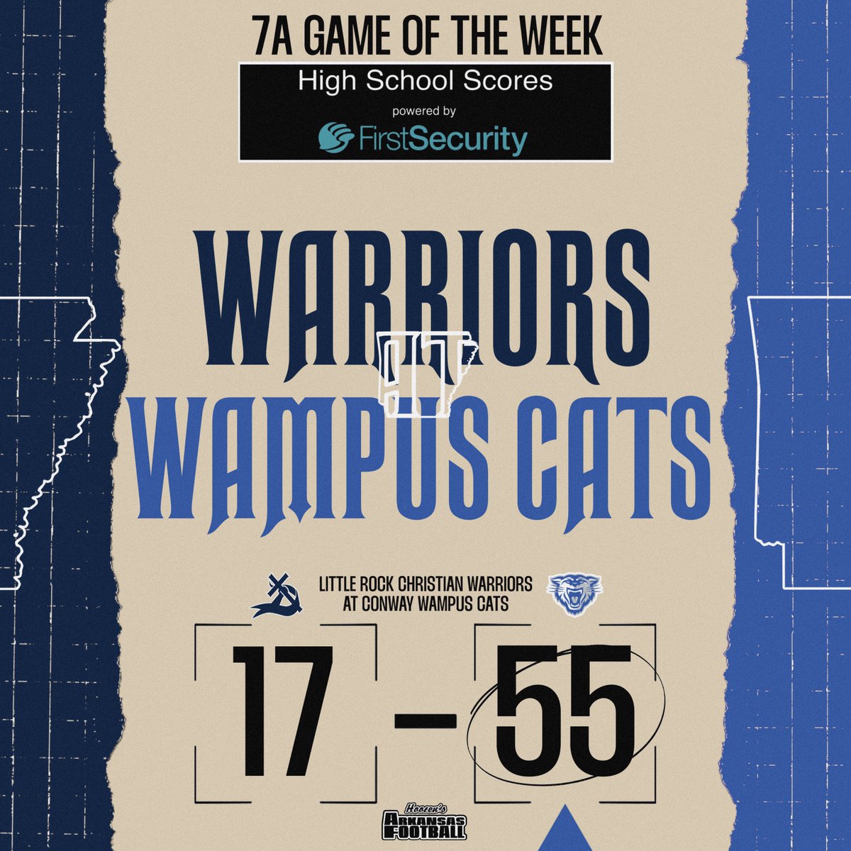 First Security Bank Scoreboard | 7A Game of the Week 

-FINAL-
7A | Conway: 55
7A | LRCA: 17

#ARHSFB <a href="/FSBank/">First Security Bank</a>