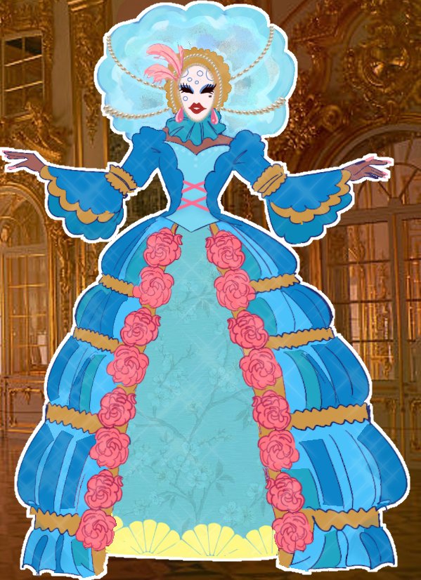{A masked woman decorated in blues and pinks and pearls finally makes her entrance. And though it is quite known to all who this is, the pageantry certainly doesn't hurt.
Even with her masked face, the absolute astonishment and awe of the event is radiating off her.}

Oh, my!🫧