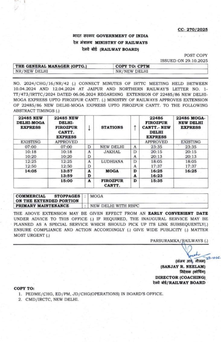 यात्रीगण कृपया ध्यान दें 📢 

बड़ी खुशखबरी! 🎉

गाड़ी संख्या- 22485/86 नई दिल्ली मोगा द्वि-साप्ताहिक इंटरसिटी सुपरफास्ट एक्सप्रेस का विस्तार फिरोजपुर छावनी तक करने को रेलवे बोर्ड की मंजूरी। 🚂🚃

सभी लाभार्थियों को हार्दिक शुभकामनाएं। 🙏🎉
