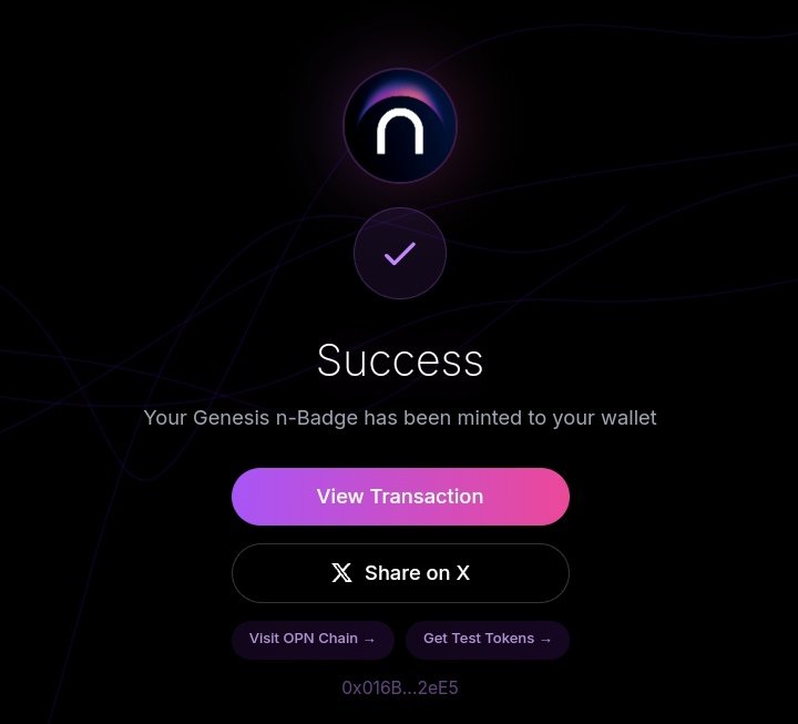 Try and mint up your badge on <a href="/IOPn_io/">IOPn</a> 
Claim yours now while it’s still available. It’s 100% free.

✅ How to claim:

1. Get the OPN testnet faucet: faucet.iopn.tech
2. Claim your badge: genesis.iopn.io/#claim

If you’re on <a href="/xeetdotai/">xeet</a>, you can verify your badge in the