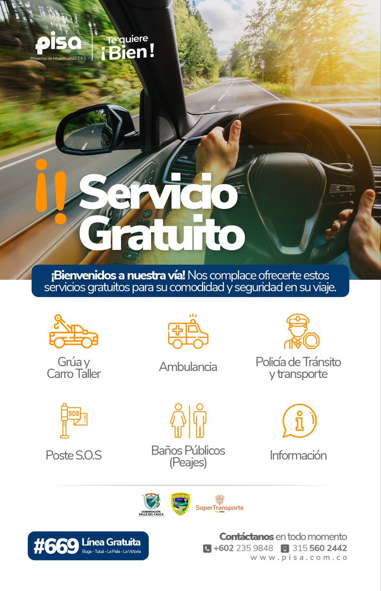 Recuerda! 🚗💚
Nuestros servicios en la vía son totalmente gratuitos. Ante cualquier eventualidad, comunícate con nuestras líneas de atención a emergencias: 

📲 #669 o 3155602442
📞 (602) 2359848

Estamos contigo para que tu viaje sea más seguro.

#SomosPisa #SeguridadVial
