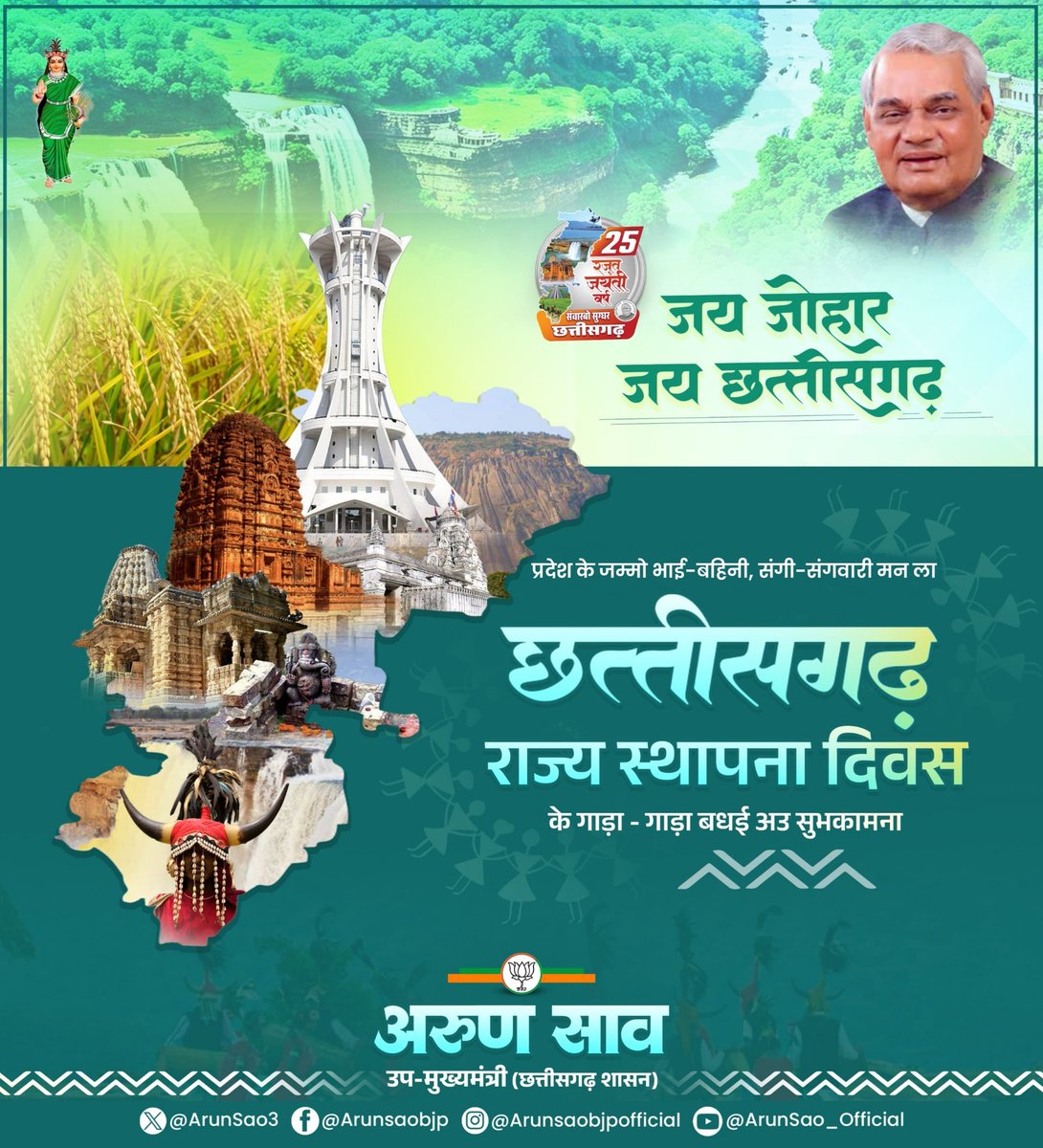 जय जोहार🚩

उत्तर मा हे जशपुर सोहे, मुकुट कस सोहाय, अरपा पैरी अउ महानदी हा बोहाय, 18 गढ़ रतनपुर त 18 रइपुर के आए, उहे ले तोर छत्तीसगढ़ नाम कहाय।

प्रदेश के जम्मो भाई-बहिनी, संगी-संगवारी मन ला छत्तीसगढ़ स्थापना दिवस के गाड़ा-गाड़ा बधई अउ सुभकामना।

जय छत्तीसगढ़ महतारी🚩
