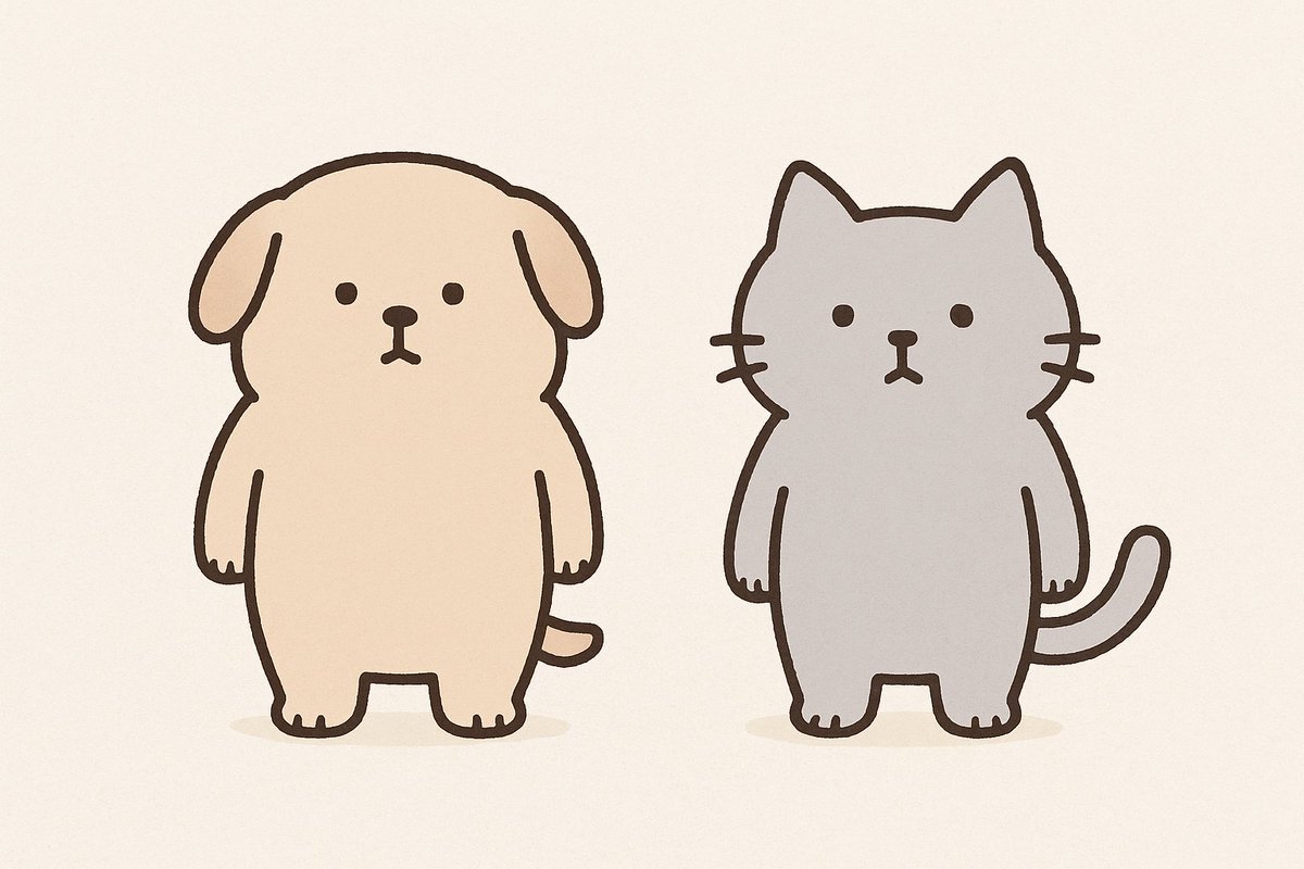 もふ屋さんのようにChatGPTに「ボンレス犬とボンレス猫を描いて」とお願いしたら出てきた絵。
ちゃんと「版権者だからそのまま描くのはできないよ！」って言われた。
うーん、当たり前だけど本物のかわいさには遠く及ばない普通の犬猫のイラスト…(；´∀｀)
