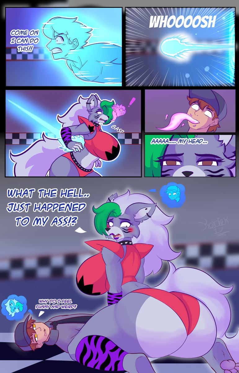 Everything seemed normal… until Roxy decided to give him a little “welcome” scare. 
Guess the guard doesn’t need a costume anymore
#BodySwap #transfur #fnaf #roxanne #furry