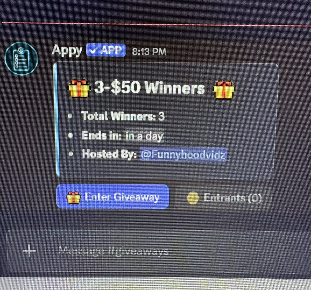 Just created a new discord for giveaways. Verify and go to the giveaway channel and click “enter giveaway” to enter. Will be hosting these giveaways a lot in the new discord.

discord.gg/funnyhoodvidz

Also here’s another giveaway 

$50 x 2 winners (must like, follow, tag a