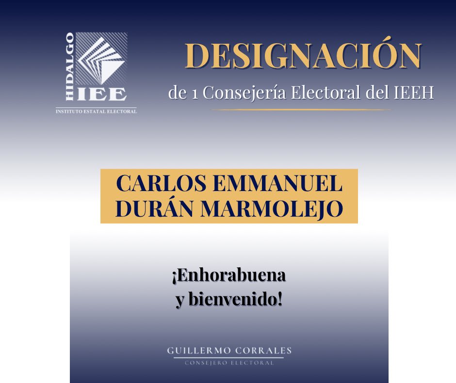 🗳️ Esta noche el Consejo General del <a href="/INEMexico/">@INEMexico</a> designó a Carlos Emmanuel Durán Marmolejo como Consejero Electoral del <a href="/IEEHidalgo/">IEE Hidalgo</a>.

☝🏻Mañana sesionaremos en nuestro máximo organo de dirección del Instituto para la toma de protesta correspondiente.

¡Felicidades!