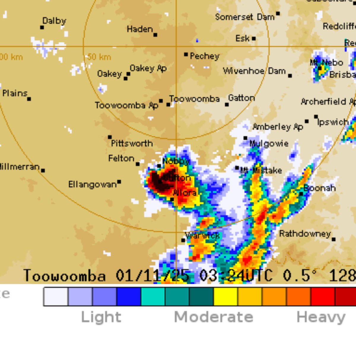 IRL and on the <a href="/BOM_Qld/">Bureau of Meteorology, Queensland</a> radar - looks awful and already reports of huge hail. Take care near Nobby and Clifton.