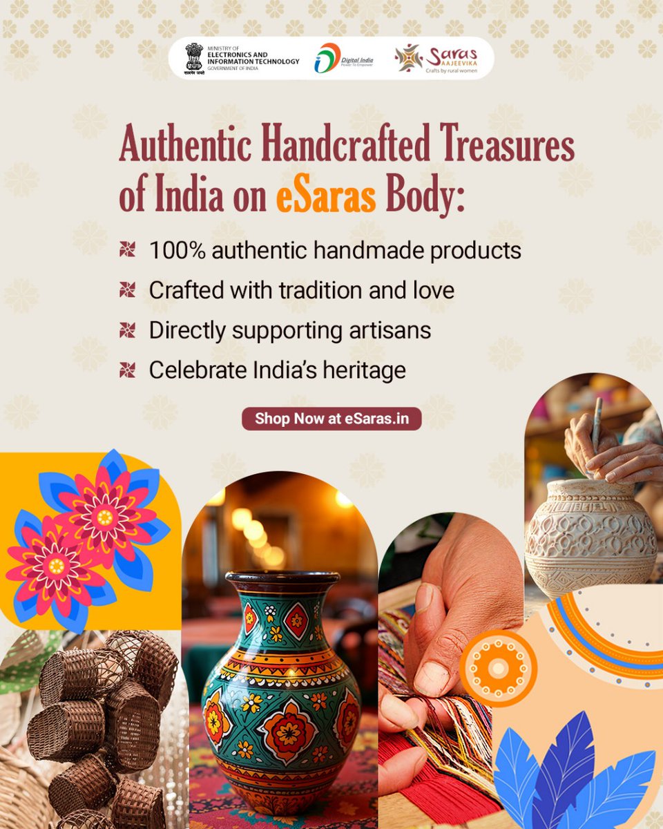 GoI_MeitY's tweet image. At eSaras, every handcrafted product tells a story of culture, passion, and craftsmanship passed down through generations.

Shop now and bring home a piece of India’s heart: esaras.in

#eSaras #HandmadeWithLove #VocalForLocal