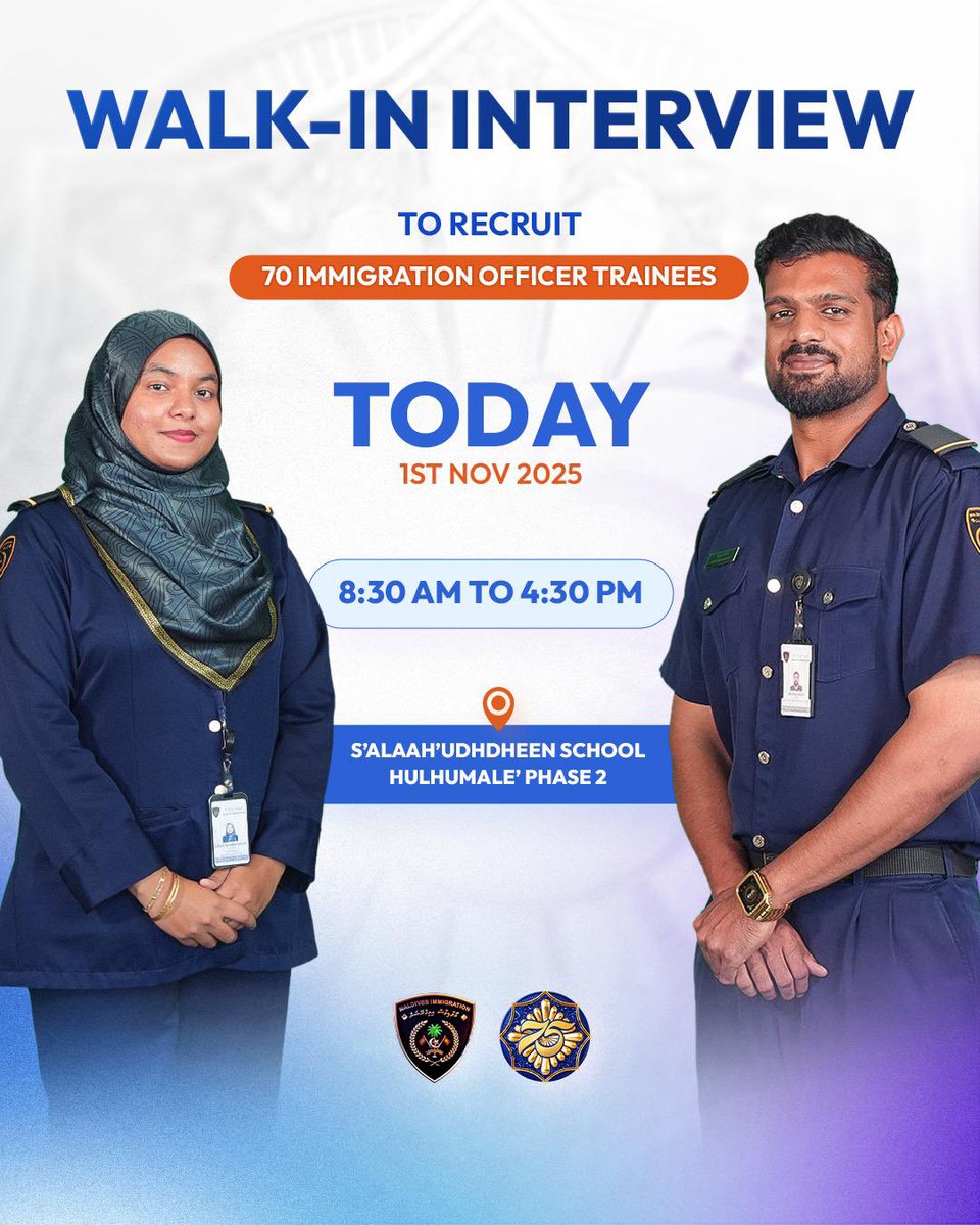 ImmigrationMV's tweet image. Walk-In Interviews - Now Ongoing!

We are recruiting 70 Immigration Officer Trainees. If you&apos;re eager to be a part of our team, don&apos;t miss this opportunity! 

#walkininterview #maldivesimmigration