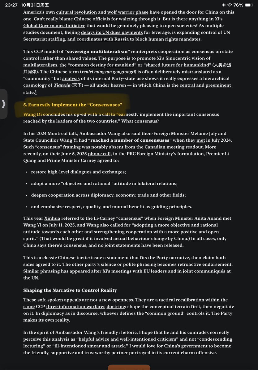 ecavbfnacm's tweet image. Literally EVERY POINT Xi🇨🇳 said to Carney🇨🇦 is covered by this great substack analysis, like a miracle:
1️⃣ CORRECT PERCEPTION 
2️⃣PRAGMATIC COOPERATION 
3️⃣ MULTILATERALISM AND THE UN
4️⃣ GLOBAL GOVERNANCE SYSTEM/ COMMON DESTINY OF HUMANITY 
open.substack.com/pub/michaelkov…