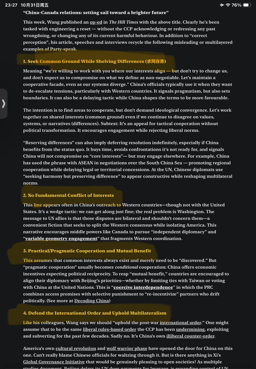 ecavbfnacm's tweet image. Literally EVERY POINT Xi🇨🇳 said to Carney🇨🇦 is covered by this great substack analysis, like a miracle:
1️⃣ CORRECT PERCEPTION 
2️⃣PRAGMATIC COOPERATION 
3️⃣ MULTILATERALISM AND THE UN
4️⃣ GLOBAL GOVERNANCE SYSTEM/ COMMON DESTINY OF HUMANITY 
open.substack.com/pub/michaelkov…