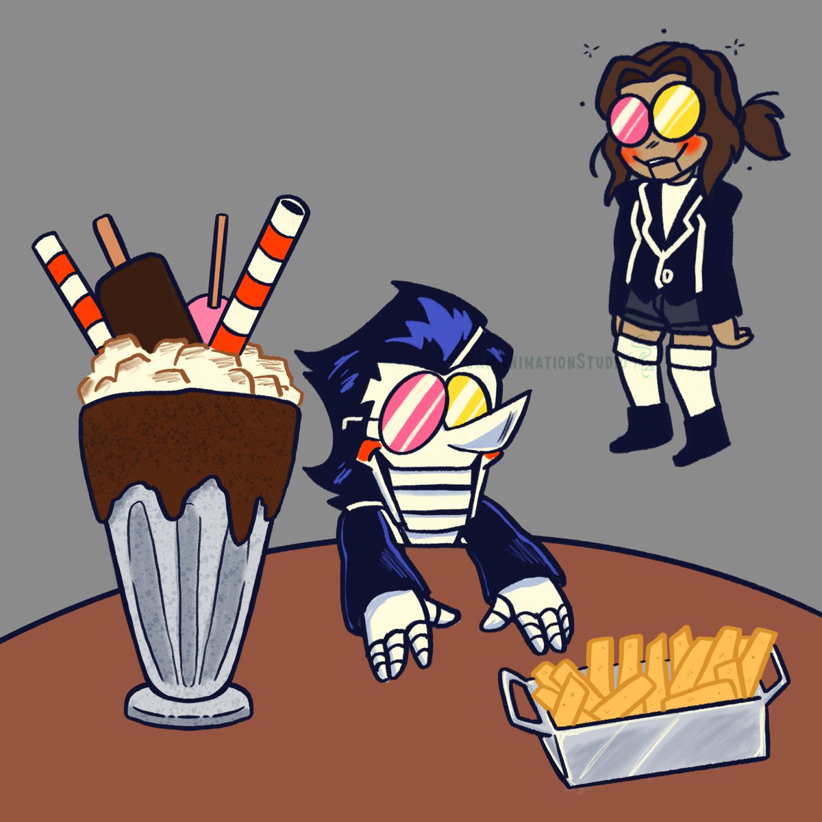 SamAnimStudio's tweet photo. Did a Spamton closet cosplay for Halloween, so I drew him with what I had for dinner (the milkshake size is accurate) https://t.co/H6W4YI0aw0