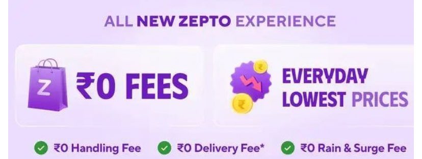 No Extra Charges on Zepto :

0 Handling Fees
0 Delivery Fees
0 Rain and Surcharge Fees

Hope other Platforms also Follow This.