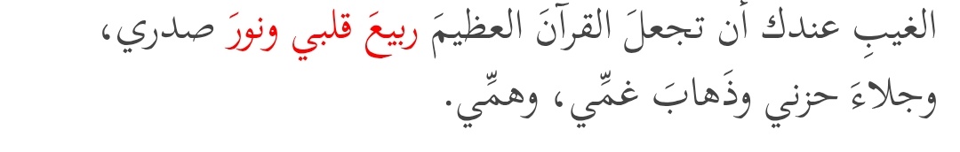 Bir Nebî Duası:

-Allah’ım, Kur'an'ı kalbimin baharı, 
-göğsümün nuru,
-hüznümün cilası,
-ve kederimin şifası eyle!

—Müsned-i İmâm Ahmed