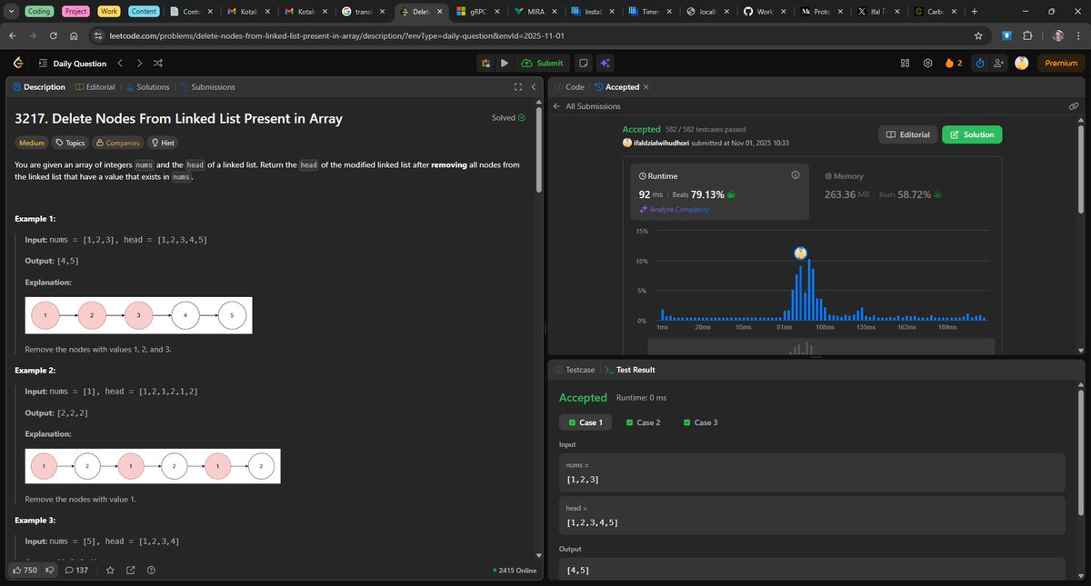 ifaldziah's tweet photo. Day 300 of #OneDayOneLeetCode | Medium
Bikin set dari array biar bisa pake contains buat nyari elemen ada di set. Terus looping linked list tiap nemu val yg ada di set delete node nya, biar gampang pake dummy/sentinel node.
https://t.co/ZGRqP0U4tW
#DailyLeetCodeChallenge https://t.co/jDysnwGDJp