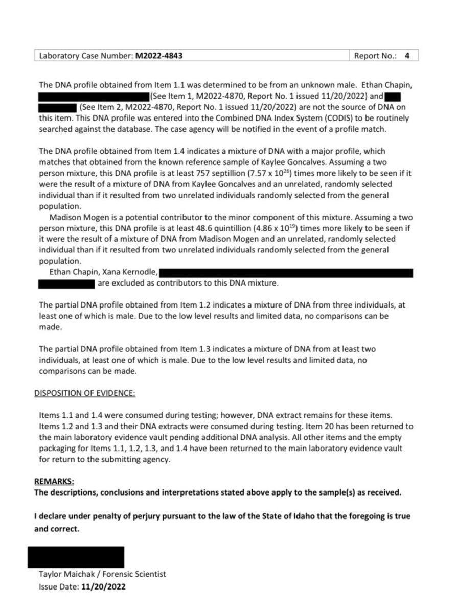 Lab report for the knife sheath in the idaho4 murders:

No male DNA was found in usable amounts, other than the unknown touch DNA which was eventually matched to Kohberger. 

•  Snap DNA → Kohberger (single source)
•  Blood stains → Kaylee (major) + Madison (minor)
→