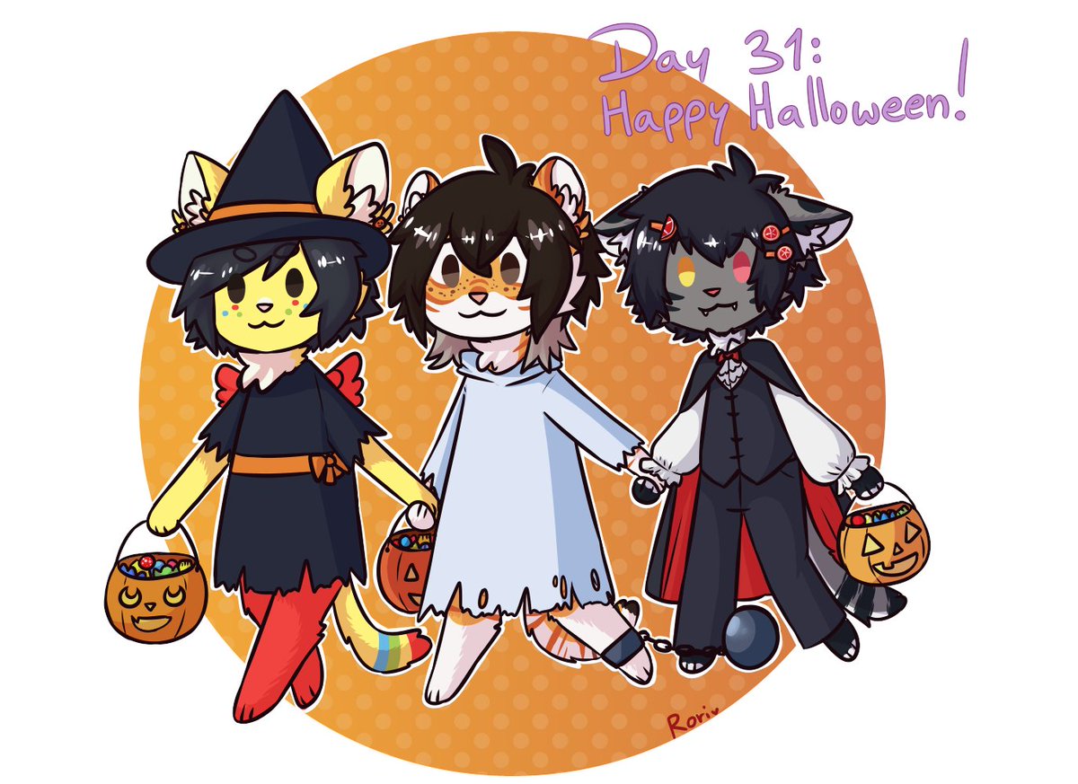 fromincat's tweet photo. Day 31 - Happy Halloween! 🎃🦇My fursona Rori, my nameless truesona and my OC Sazerac trick or treating! Thanks for sticking with me during the month again, I hope to pull it off again next year! https://t.co/bA8Zf3JD5R