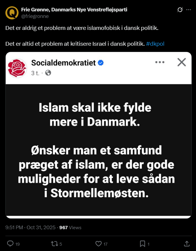 cyrus_razavi's tweet photo. Så nemt skal @friegronne ikke slippe.

De lavede plakater om en København fri for zionisme, og da folk kaldte det antisemitisk, lød forsvaret straks: “Zionisme er jo bare en ideologi.”

Men når nogen siger, at islam ikke skal fylde mere i Danmark, så skriger de “islamofobi.”

Undskyld mig, men islam er også en ideologi. En ideologi, der styrer lovgivning, moral, påklædning og kønsroller i halvdelen af verden.

Så hvorfor er det helt legitimt at kritisere zionisme, men forbudt at kritisere islam? Fordi sandheden gør ondt, og Frie Grønne lever af at dyrke offerroller.

De råber “racisme”, når nogen nævner islam, men de deltager aktivt, når jøder skal dæmoniseres. Det er ikke principfasthed, det er hykleri kamoufleret som moral.

#dkpol #dkmedier