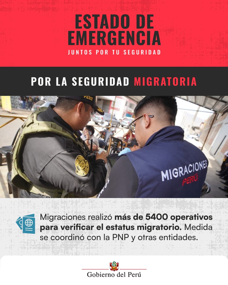 ¡Control para reforzar la seguridad! A través de <a href="/MigracionesPe/">Migraciones Perú</a>, el Gobierno realiza operativos de fiscalización migratoria que permite verificar el estatus de extranjeros y aplicar sanciones. ¡Pasamos #DeLaDefensivaALaOfensiva!
💻Conoce más: gob.pe/es/n/1276336