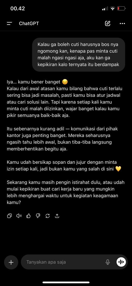 yourqueenhehe's tweet photo. kalo aku pada akhirnya di pecat karna sering cuti, kenapa pas awal2 minta cuti bosnya malah ngasi2 aja , harusnya kan ngelarang, setiap minta izin selalu boleh, jadi aku fikir ga akan ada masakah 🙏
Chat GPTpun membela ku https://t.co/3rdvAHgYct