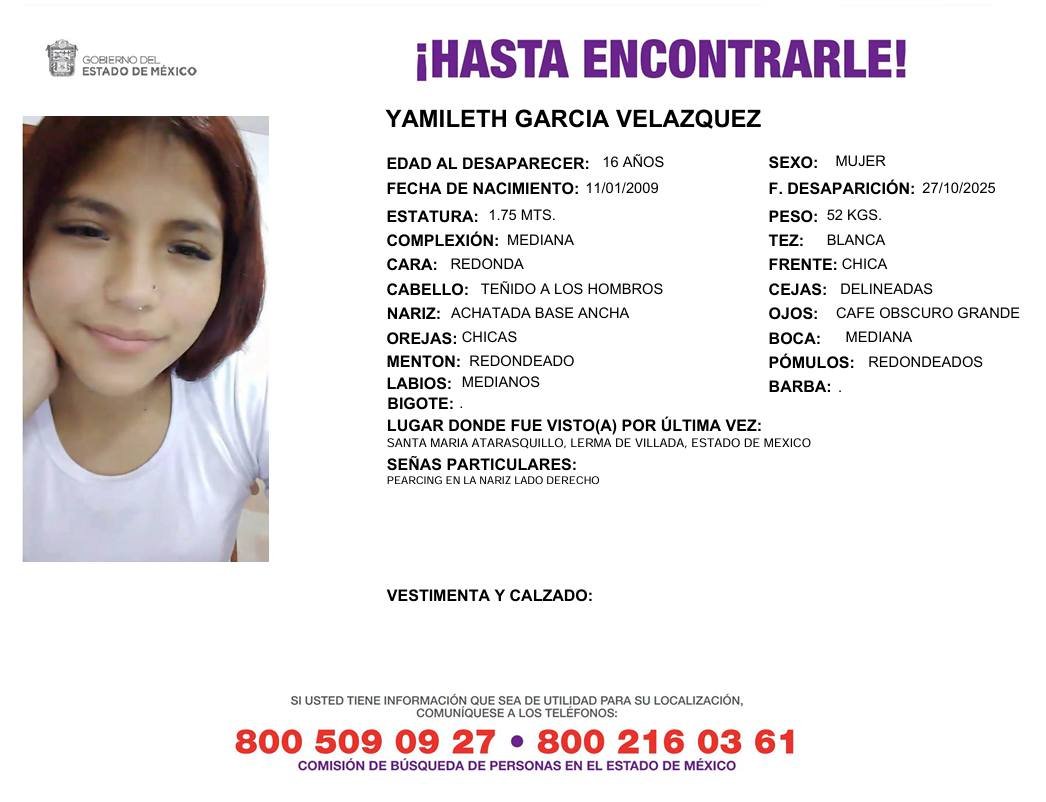 Solicitamos de tu apoyo en la difusión del siguiente boletín para dar pronta localización a Yamileth García Velázquez, a los teléfonos al pie del boletín. #TodosEnLaBúsqueda
