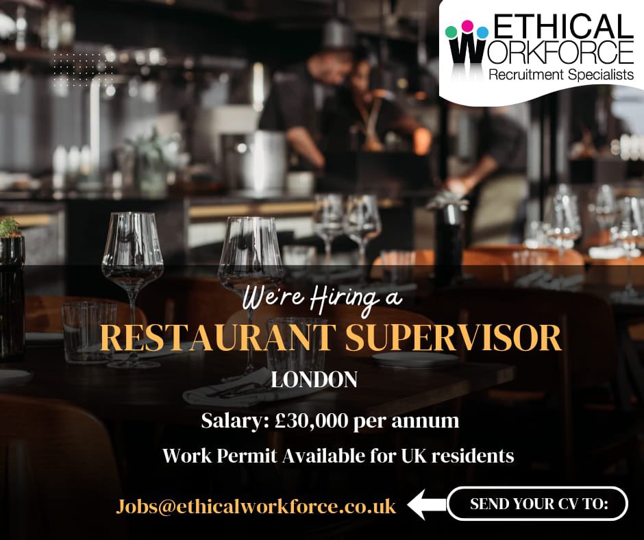 EthicalWorkF's tweet photo. New opportunity!

We’re looking for a Restaurant Supervisor in London.

Salary: £30,000 Per ANNUM
(Work Permit AVAILABLE for UK residents)

DM or email your CV to jobs@ethicalworkforce.co.uk

#london #jobs #hospitality #recruitment #careers #hiring #job #ethicalworkforce https://t.co/xJV4hS9dcv