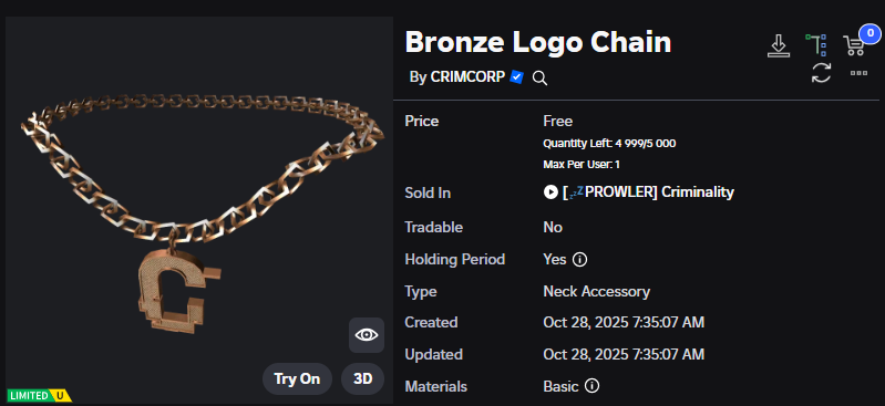 Xh0PlUgc's tweet image. 🔴New limited item &lt;&lt; Criminality &gt;&gt;
📦Stock: 5,000
❗How to get it: You will need to complete a task and then you will be able to get it.
➡️roblox.com/catalog/122461…
➡️roblox.com/games/45886049…
#Roblox #RobloxDev #RobloxFreeUGC #RobloxUGCLimited