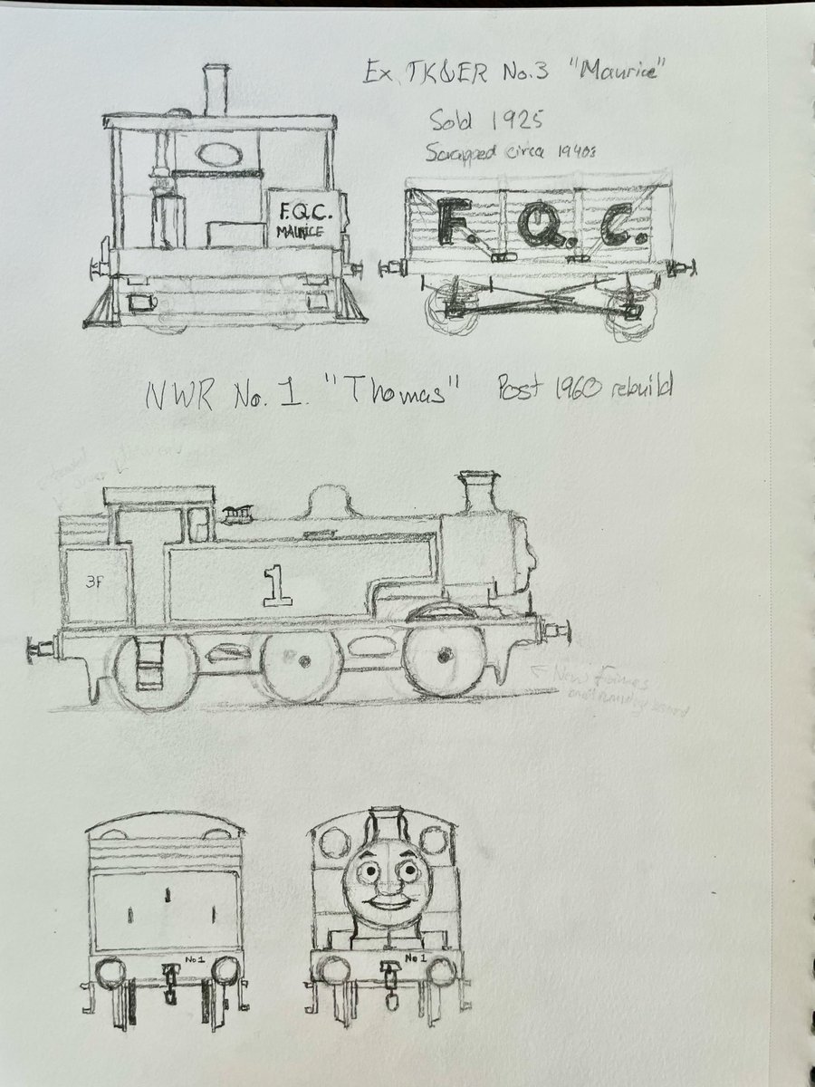 WSmallengine's tweet image. Today’s sketchbook page!

Ex TK&amp;amp;ER No. 3 “Maurice”, sold to the Ffarquhar Quarry Company in 1925, scrapped circa 1940’s

NWR No. 1 “Thomas” post 1960 rebuild 
Rebuild details:
-New frames and motion
-Lowered boiler and tanks
-New bunker and cab
-New running board and bufferbeam
