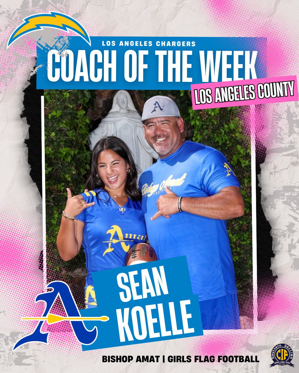 CIFSS's tweet photo. Congratulations to Coach Sean Koelle from Bishop Amat HS for being the Week 9️⃣ @ChargersCR LA County Girls Flag Football Coach of the Week! ⚡️🏈

#CIFSS #CIFSSGFF #ChargersCOTW #coachoftheweek https://t.co/3om9lZLRdD