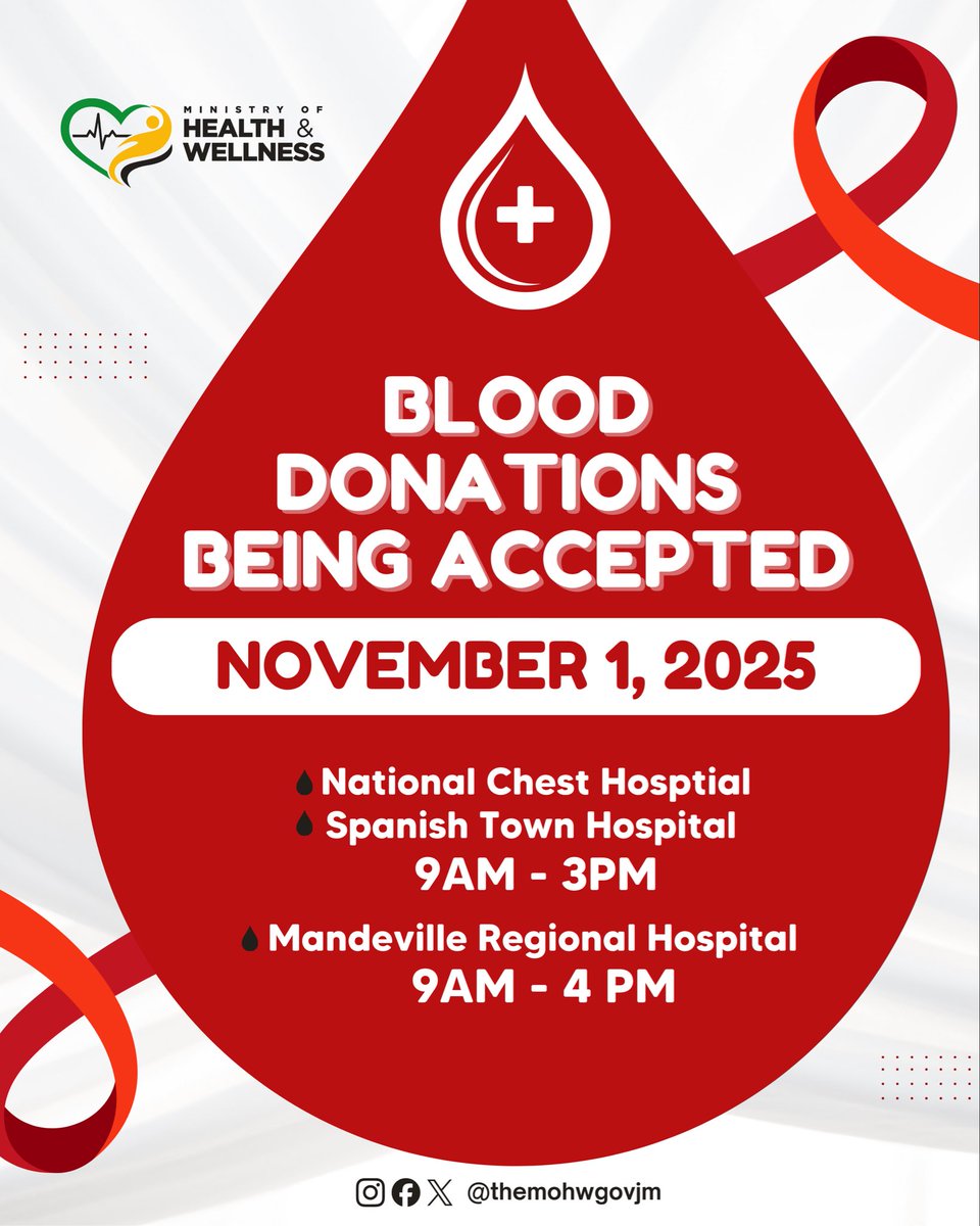 Your fellow Jamaicans need you! 🩸 

Donate blood tomorrow, November 1, at:

✅ National Chest Hospital: 9AM-3PM
✅ Spanish Town Hospital: 9AM-3PM
✅ Mandeville Regional Hospital: 9AM-4PM

Step up. Donate. Save a life!