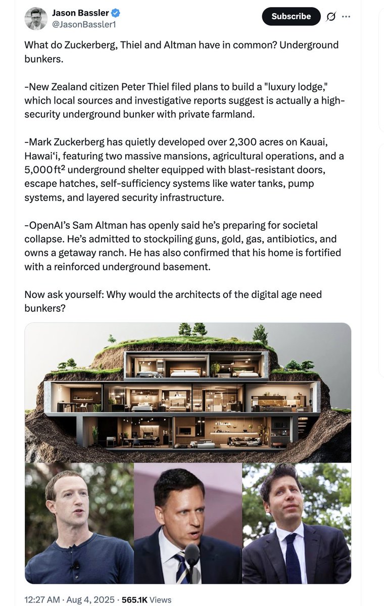 Tech oligarchs are trying to outlast the apocalypse they're creating. then they can come out after the dust clears and rule over the remnants.