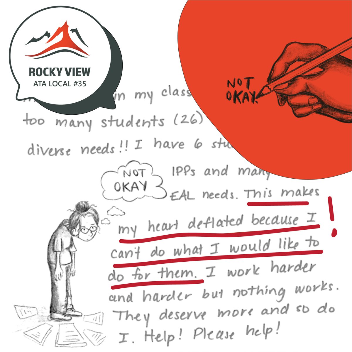 Public education is NOT OKAY.

We ask you to reflect, recognize the emotional toll, and take a stand for the future of public education.
📢 Share our messages.

📚 Get informed.

✊ Advocate fiercely.

Support public education. Support our future.
#Red4EdAB #AlbertaTeachers
