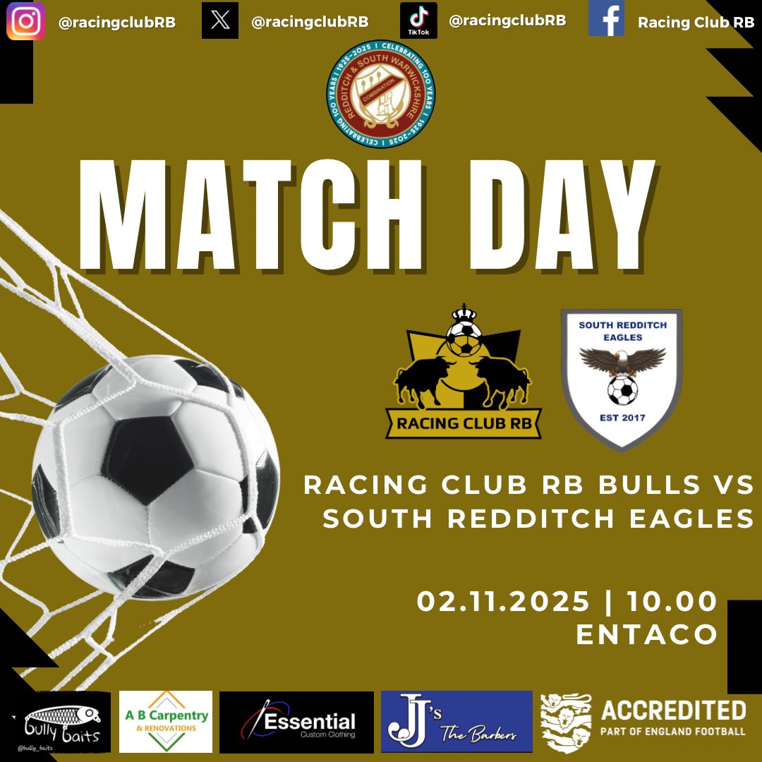 League and Cup action for our teams this Sunday.

As Racing take on Studley Sporting RSC

📍 Entaco
⏰ 10.45am KO
🏆 Championship

And the Bulls take on South Redditch Eagles

📍Entaco
⏰ 10.00am KO
🏆 Centenary Cup

#VamosRacing🐂

<a href="/Randswcl/">Redditch & SW League</a>