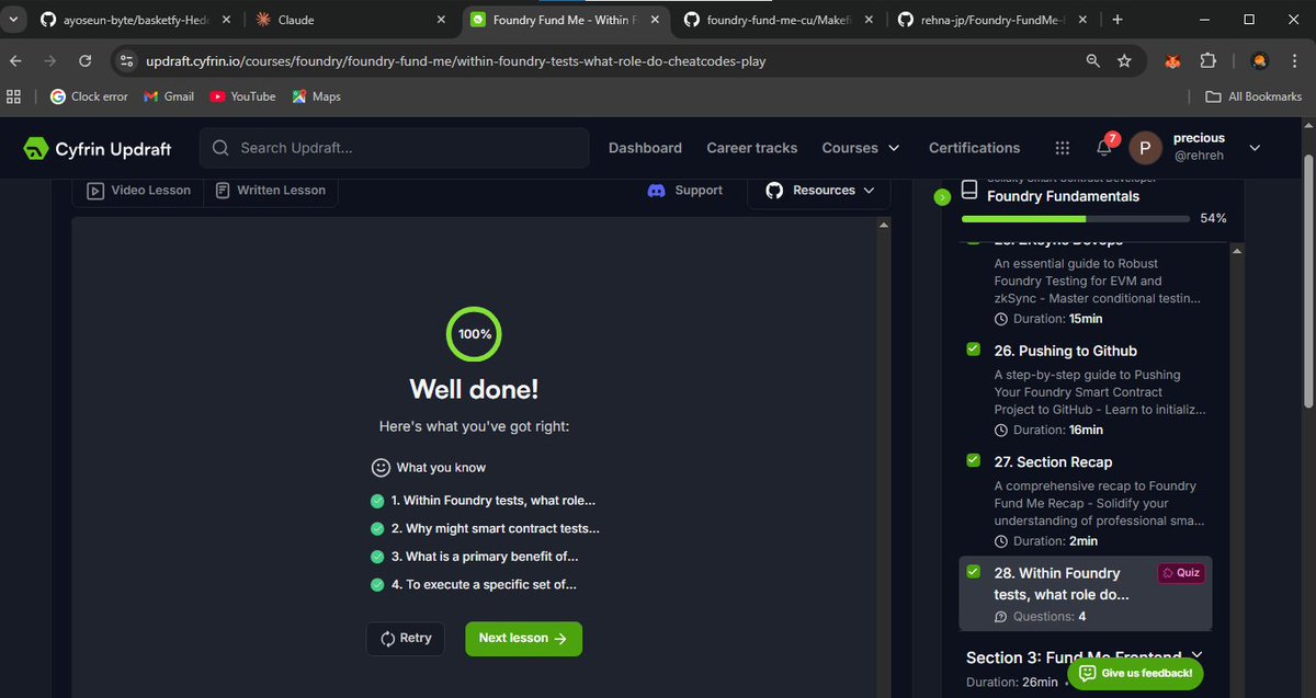 chiinaza0x5's tweet image. Day 24 #BlockchainDevelopment done ✅
Wrapped up my Foundry FundMe contract (now on GitHub )
github.com/rehna-jp/Found…
Learnt to automate actions using make files 🔄
Also worked with a simple frontend to interact with my contract — connect wallet, fund & withdraw