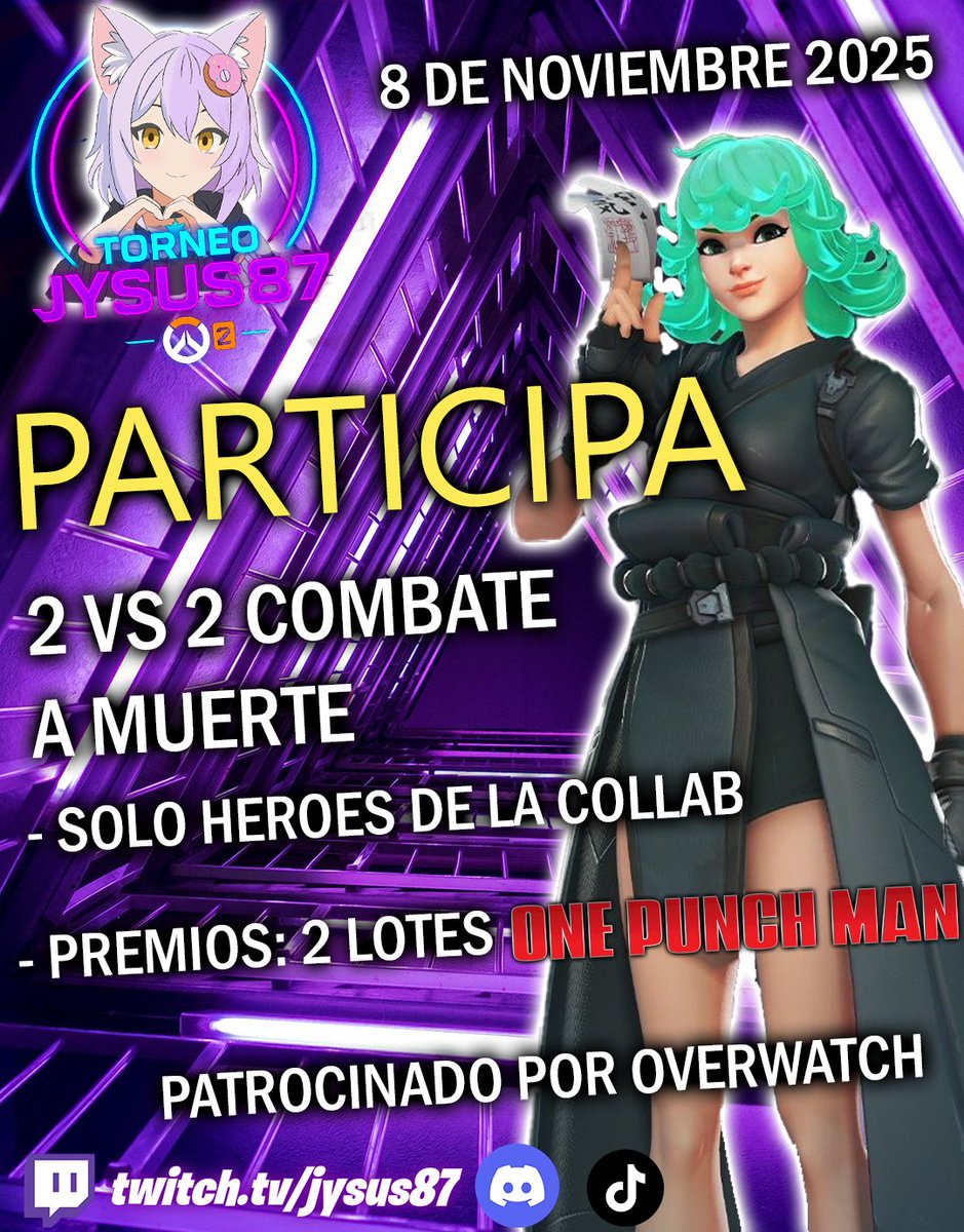 TORNEO 2VS2 POR 2 LOTES DE ONE PUNCH MAN GRACIAS A OVERWATCH LATAM. MAS INFO EN MI TWITCH O SERVER DE DISCORD #OW2LATAM #OW2xOPM