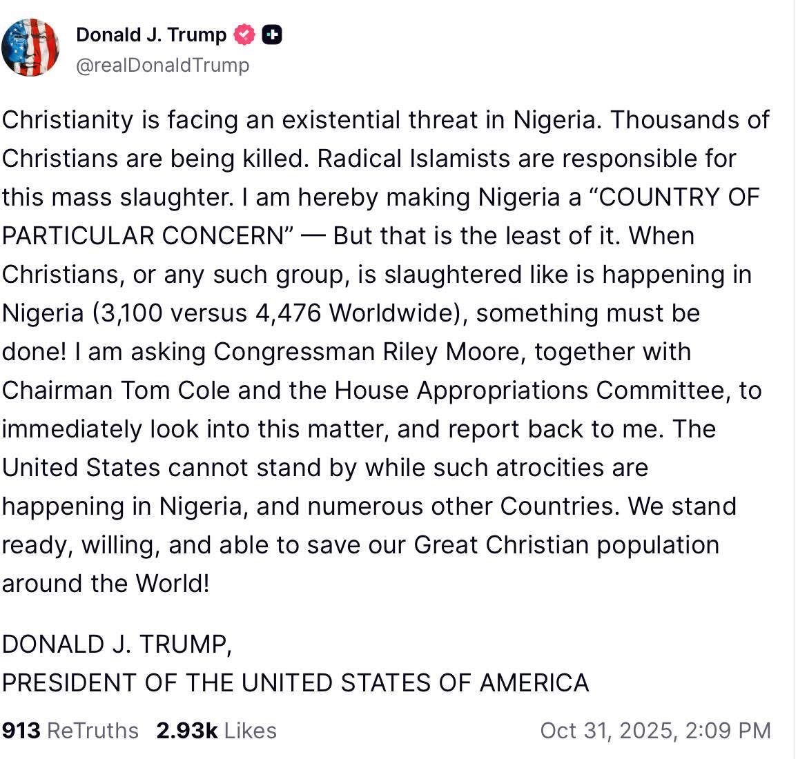 The President⁩ has sent a clear and principled message: the US will not turn a blind eye to the persecution of Christians.  It is encouraging to see an action-oriented POTUS respond swiftly to the suffering of Christians.