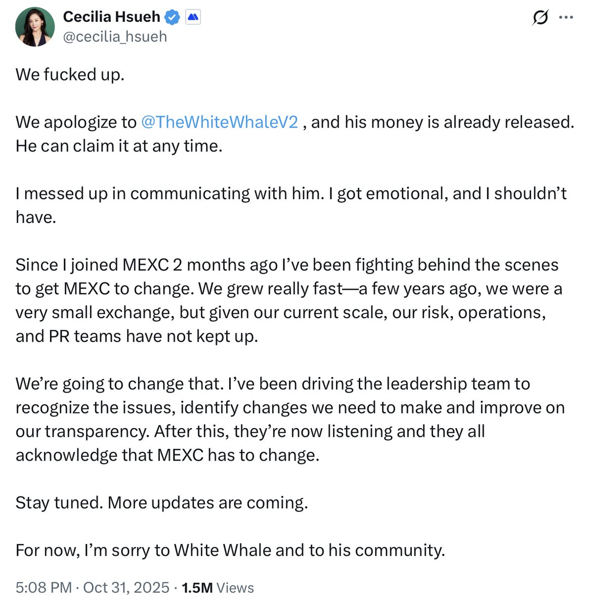 CoinDataFlow's tweet image. MEXC officially admits its mistake
After months of investigation and public attention, the exchange has unlocked $3.1 million belonging to trader The White Whale.
Timeline:
• Jan–Apr: The trader starts trading futures on MEXC.
• May–Jun: Turns a small deposit into about $5M…