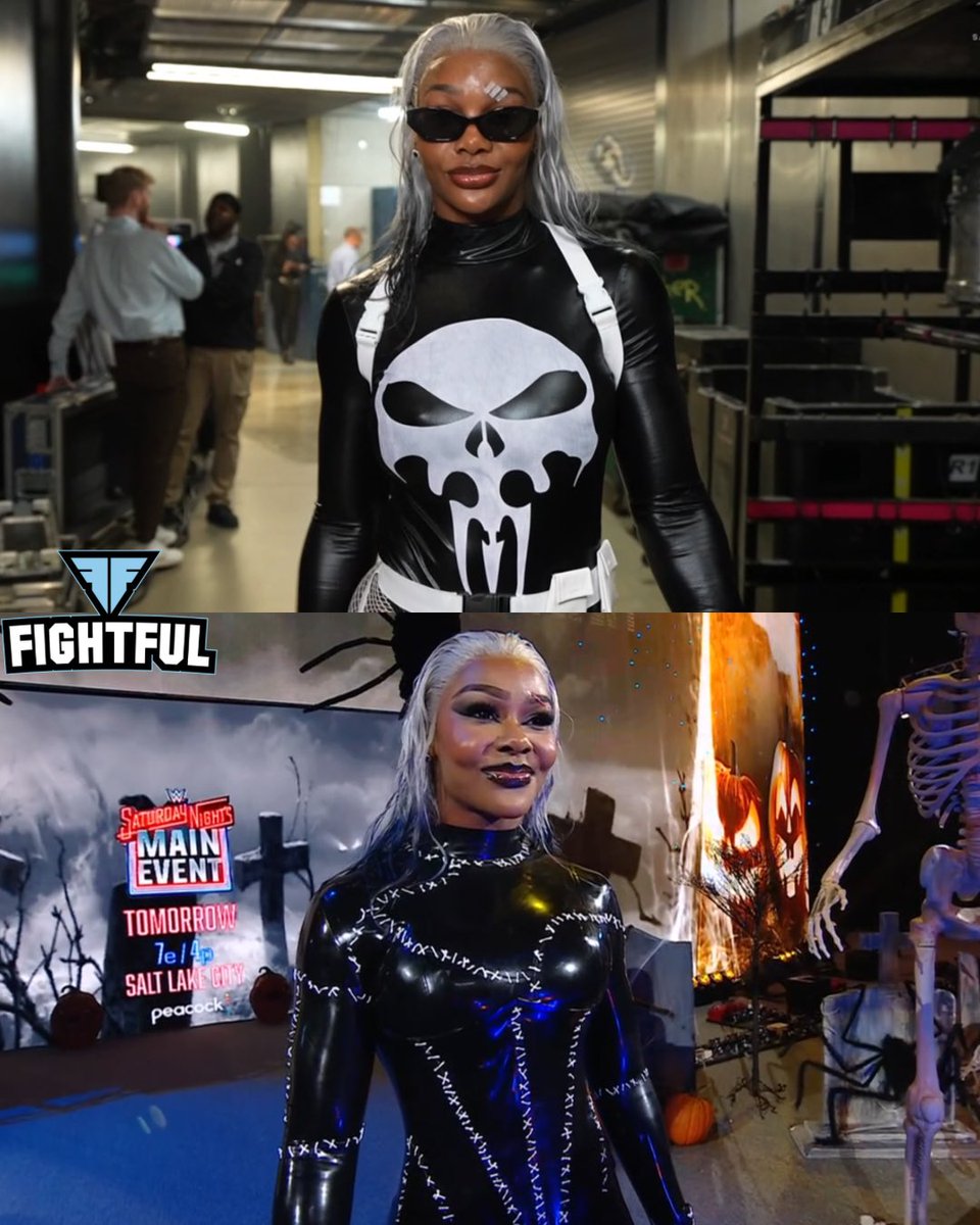 Fightful's tweet image. Jade Cargill as The Punisher and Catwoman from the 1992 Batman Returns movie