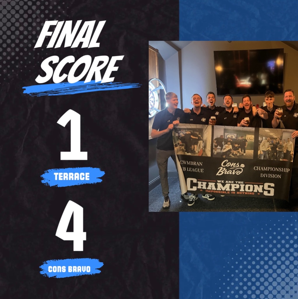 League Champions 🏆

<a href="/ConsBravoDarts/">Cons Bravo 🎯 🏴󠁧󠁢󠁷󠁬󠁳󠁿</a> are crowned #Champions

After a convincing 4-1 win against the #Terrace we are officially Champions of the #ChampionshipDivision! 

#ConsBravo ©️